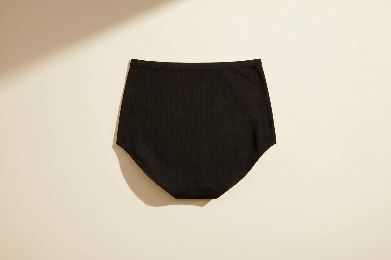 Back view of black high-waisted absorbent brief