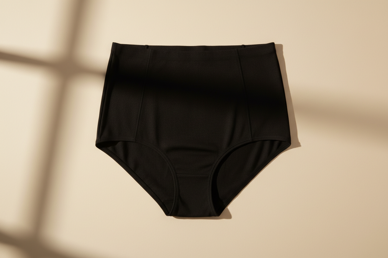 Front view of black high-waisted absorbent brief